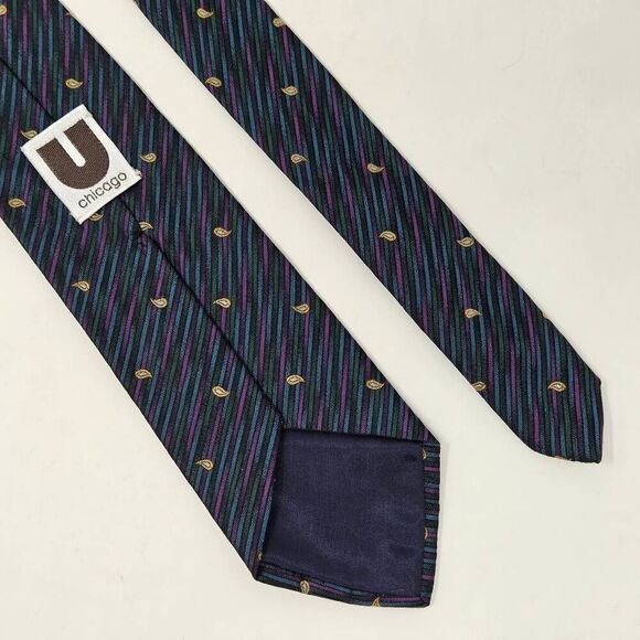 U CHICAGO SILK TIE GREEN PURPLE PAISLEY POLKA DOT STRIPE SATIN TEXTURED 3" X 54" - Picture 2 of 4
